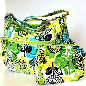Vera Bradley Daisy Green Yellow Aqua Pattern Purse & Cosmetic Bag -Retired